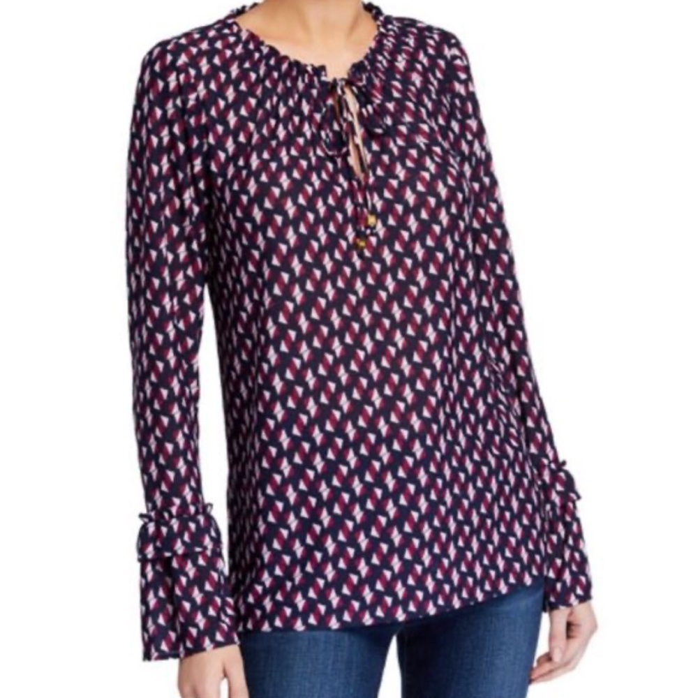 Michael Kors Women's Size XL Blouse Top Long Sleeve Blue Geometric Polyester